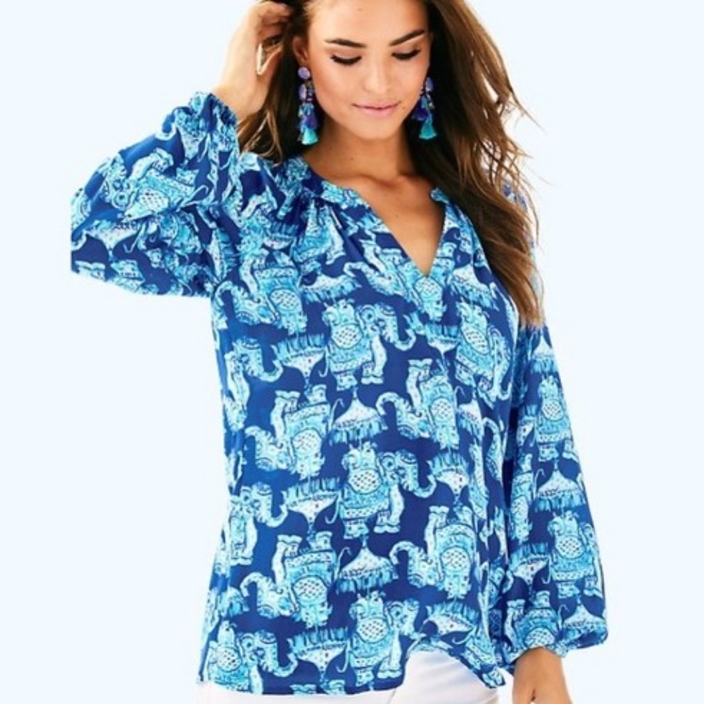 Lilly Pulitzer Blue White Deep Indigo Joy Ride Martinique Top Blouse Small NWT